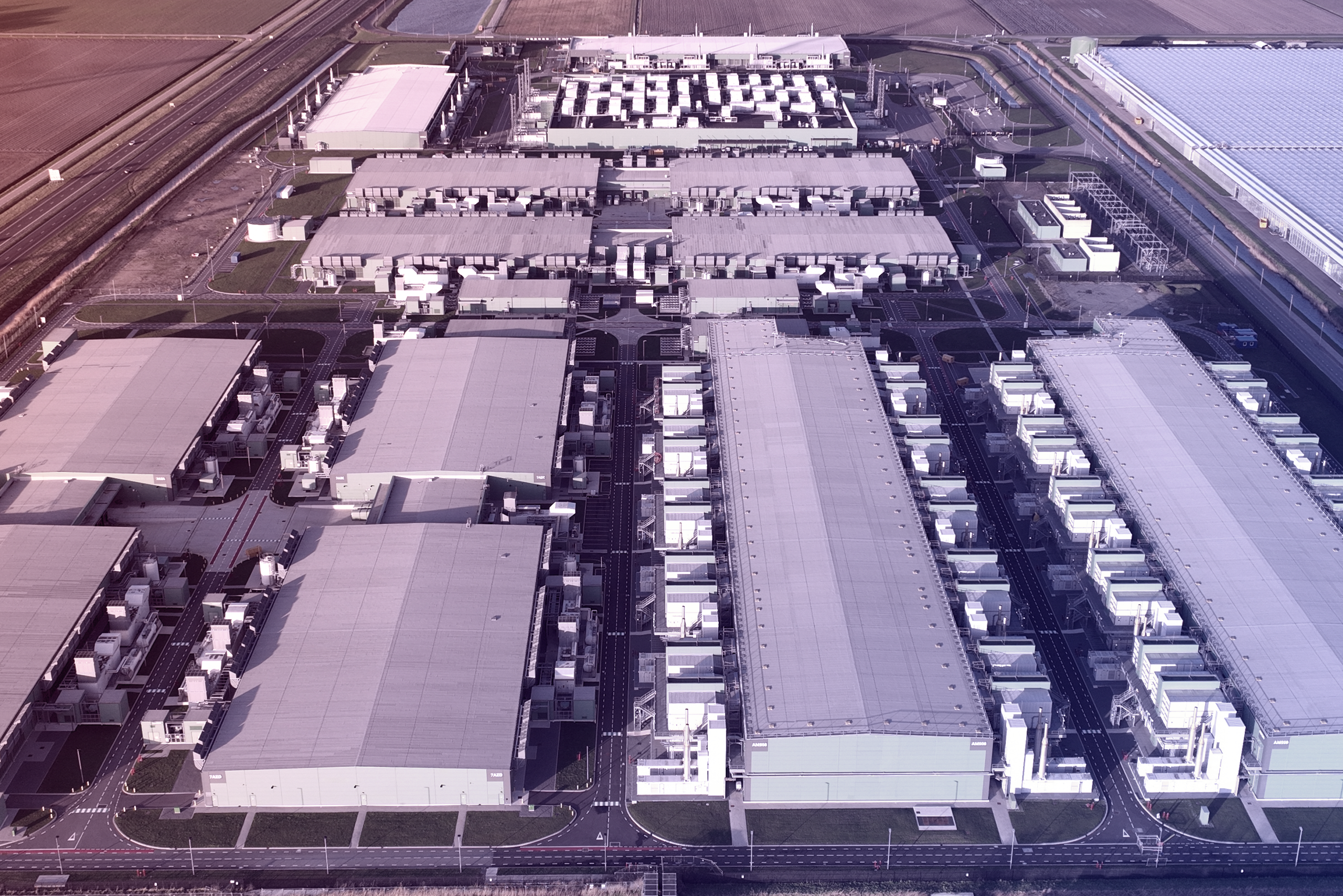 Aerial drone overhead view of Microsoft Agriport cloud datacenter in Hollands Kroon.
